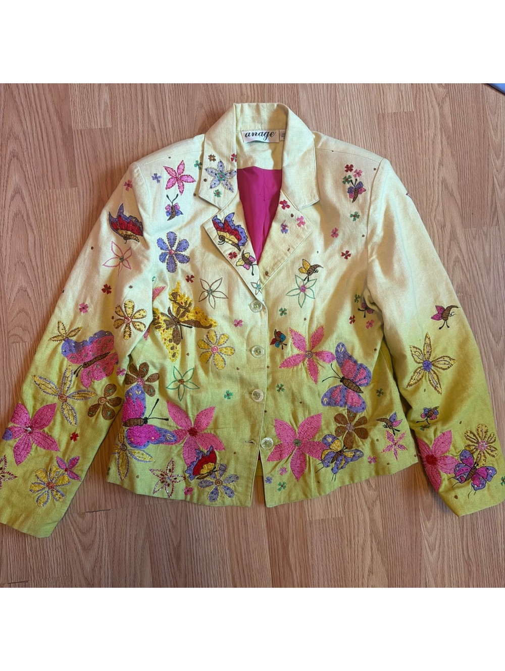 Vintage Cotton Blazer Beaded Embroidered Butterflies Whimsical XS